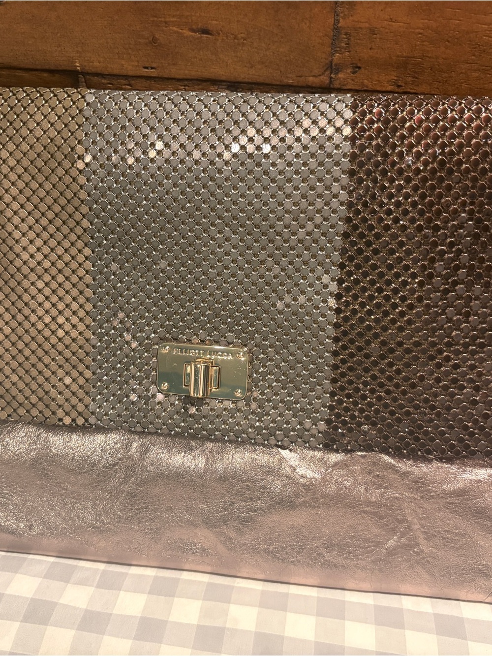 Elliott Lucca Vintage Bronze Champagne Leather Metal Mesh clutch/ shoulder  Bag